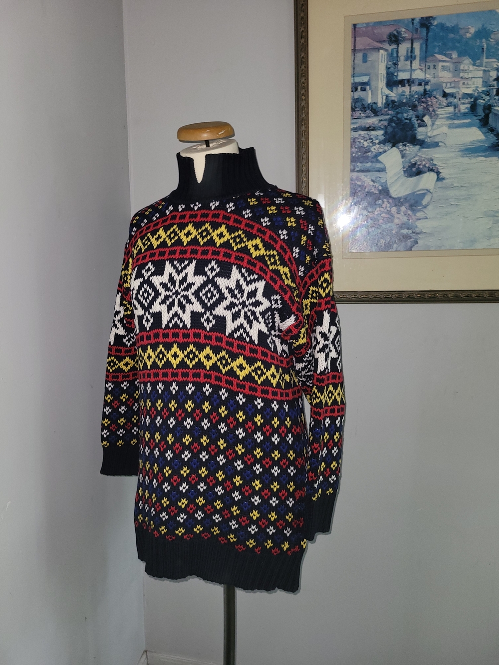 Nordic Cowl Neck Knit Sweater - Bleu with White, Red & Yellow